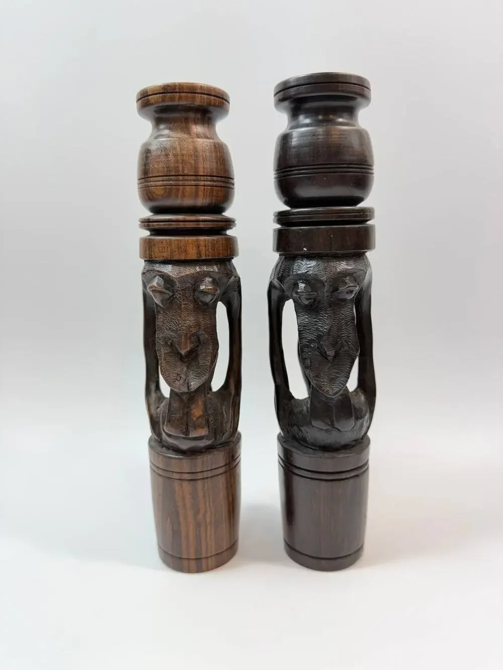 Set 2 Hand Carved Wood Candle Holders Figural Tribal Decor 1.78 lb